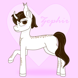 Size: 6257x6257 | Tagged: safe, artist:dsksh, derpibooru import, oc, oc only, oc:zephir, unicorn, blushing, high res, horn, male, raised hoof, raised leg, side view, simple background, smiling, solo, stallion, standing, unicorn oc