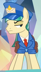 Size: 358x629 | Tagged: safe, derpibooru import, screencap, proper postal, crystal pony, earth pony, pony, the parent map, clothes, cropped, delivery pony, hat, lidded eyes, looking sideways, male, solo, stallion, unamused, uniform