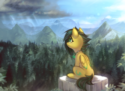 Size: 3368x2439 | Tagged: safe, artist:mirroredsea, derpibooru import, oc, oc only, oc:lightning bug, pegasus, pony, fanfic:song of seven, black mane, cutie mark, detailed background, fanfic art, female, forest, horizon, mare, mountain, mountain range, pegasus oc, pillar, scenery, sitting, storm, stormcloud, wings