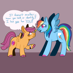 Size: 1080x1080 | Tagged: safe, artist:spaceoreosxoxo, derpibooru import, rainbow dash, scootaloo, pegasus, pony, blushing, colored hooves, dialogue, duo, emanata, female, filly, foal, mare, nonbinary, nonbinary pride flag, positive message, positive ponies, pride, pride flag, smiling, speech bubble, spread wings, talking, the cmc's cutie marks, wings