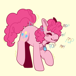 Size: 1080x1080 | Tagged: safe, artist:spaceoreosxoxo, derpibooru import, pinkie pie, earth pony, pony, jewelry, necklace, neurodivergent, simple background, solo, stimming, yellow background