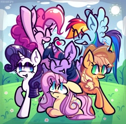 Size: 1486x1460 | Tagged: safe, artist:mihar34, derpibooru import, applejack, fluttershy, pinkie pie, rainbow dash, rarity, twilight sparkle, twilight sparkle (alicorn), alicorn, earth pony, pegasus, pony, unicorn, eyes closed, grin, heart, lying down, mane six, mane six opening poses, smiling, standing