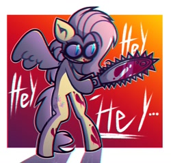 Size: 1360x1300 | Tagged: safe, artist:mihar34, derpibooru import, fluttershy, pegasus, pony, .mov, bipedal, blood, chainsaw, fluttershed, smiling, solo, text