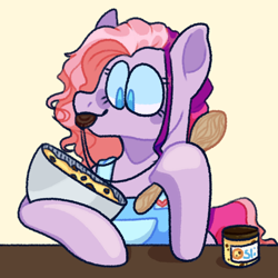 Size: 1080x1080 | Tagged: safe, artist:spaceoreosxoxo, derpibooru import, earth pony, pony, g3, baking, chocolate chipper, cookie dough, cooking, neurodivergent, solo, stimming, wooden spoon