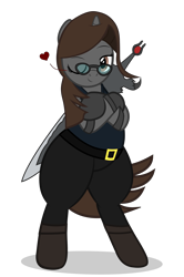 Size: 5129x7715 | Tagged: safe, artist:mrvector, derpibooru import, oc, oc:sonata, pony, unicorn, belt, bipedal, clothes, crossed arms, dante (devil may cry), female, glasses, heart, mare, one eye closed, pants, simple background, smiling, smug, solo, sword, transparent background, vector, weapon, wide hips, wink