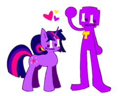 Size: 845x667 | Tagged: safe, artist:mihar34, derpibooru import, twilight sparkle, unicorn twilight, pony, unicorn, alternate hairstyle, crossover, five nights at freddy's, hair bun, heart, purple guy, simple background, smiling, solo, standing, white background