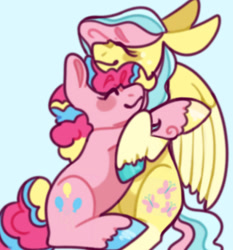 Size: 1008x1080 | Tagged: safe, artist:spaceoreosxoxo, derpibooru import, fluttershy, pinkie pie, earth pony, pegasus, pony, blue background, blushing, cute, diapinkes, duo, duo female, ears, ears back, eyes closed, female, floppy ears, flutterpie, happy, hug, lesbian, lgbt, lgbtq, light blue background, mare, pansexual, pansexual pride flag, partially open wings, pride, pride flag, shipping, shyabetes, simple background, sitting, smiling, transgender, transgender pride flag, unshorn fetlocks, wings