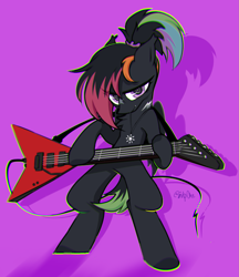 Size: 1765x2040 | Tagged: safe, artist:inkp0ne, derpibooru import, oc, oc only, oc:nacht, bat pony, fanfic:iron hearts, amulet, bat pony oc, female, guitar, jewelry, mane dye, musical instrument, solo, solo female