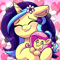 Size: 4000x4000 | Tagged: safe, artist:graphene, derpibooru import, fluttershy, oc, oc:cinnamon string, pony, unicorn, avatar, braid, cuddling, cute, eyes closed, female, flower, flower in hair, horn, mare, plushie, ponysona, profile picture, smiling, two toned mane, unicorn oc