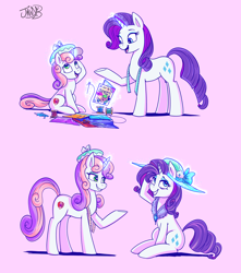 Size: 4390x4961 | Tagged: safe, artist:jowyb, derpibooru import, rarity, sweetie belle, pony, unicorn, absurd resolution, age progression, female, filly, foal, hat, magic, mare, older, older rarity, older sweetie belle, open mouth, open smile, pink background, siblings, simple background, sisters, smiling, telekinesis