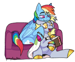 Size: 1080x893 | Tagged: safe, artist:spaceoreosxoxo, derpibooru import, derpy hooves, rainbow dash, pegasus, pony, aromantic, autism spectrum disorder, book, bracelet, colored hooves, duo, jewelry, neurodivergent, queerplatonic, queerplatonic pride flag, simple background, sofa, transparent background