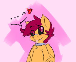 Size: 1280x1040 | Tagged: safe, artist:ask-lesboloo, derpibooru import, scootaloo, pegasus, pony, ..., abstract background, ask, bandaid, bandaid on nose, black sclera, blushing, chest fluff, collar, eyebrows, eyebrows visible through hair, fangs, female, forked tongue, heart, hooves behind back, lesboloo, looking back, smiling, solo, tongue, tongue out, tumblr