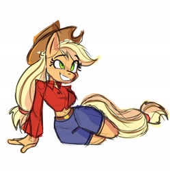 Size: 2037x2048 | Tagged: safe, artist:tysoart, artist:tysobro, derpibooru import, applejack, anthro, earth pony, applejack's hat, belly button, belt, clothes, cowboy hat, cute, female, grin, hat, jackabetes, midriff, shirt, shorts, simple background, smiling, solo, white background