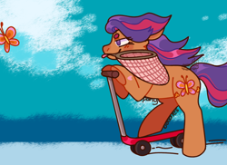 Size: 1080x787 | Tagged: safe, artist:spaceoreosxoxo, derpibooru import, scootaloo (g3), butterfly, earth pony, pony, g3, butterfly net, scooter, solo