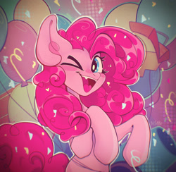 Size: 1943x1896 | Tagged: safe, artist:buckysmith, derpibooru import, pinkie pie, earth pony, pony, g4, blue eyes, blushing, cheerful, confetti, curly hair, curly mane, cute, digital art, eyelashes, female, happy, looking at you, mare, one eye closed, open mouth, open smile, party, party cannon, pink background, pink mane, pink tail, signature, simple background, smiling, smiling at you, solo, tail, teeth, wink, winking at you