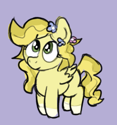 Size: 480x513 | Tagged: safe, artist:ayellowhorse, derpibooru exclusive, derpibooru import, oc, oc:tavi, pegasus, pony, coat markings, cute, female, filly, flower, flower in hair, foal, purple background, simple background, socks (coat marking)