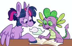 Size: 1200x761 | Tagged: safe, artist:spaceoreosxoxo, derpibooru import, spike, twilight sparkle, twilight sparkle (alicorn), alicorn, dragon, pony, book, duo, dyslexia, open book, reading, simple background, speech bubble, white background