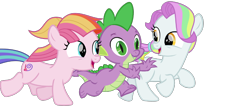 Size: 1006x435 | Tagged: safe, edit, editor:undeadponysoldier, coconut cream, spike, toola roola, dragon, earth pony, pony, best friends, cute, female, filly, foal, fun, male, playful, playing, playing tag, ponytail, simple background, they grow up so fast, transparent background, vector, vector edit