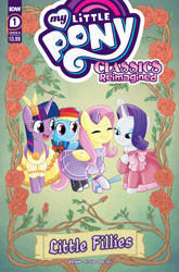 Size: 2063x3131 | Tagged: safe, derpibooru import, idw, fluttershy, rainbow dash, rarity, twilight sparkle, alicorn, pegasus, pony, unicorn, my little pony classics reimagined: little fillies, spoiler:comic, anniversary, bowtie, clothes, comic cover, cute, dashabetes, dress, eyes closed, eyeshadow, female, flower, gloves, glowing, glowing horn, high res, horn, little women, magic, makeup, mare, my little pony logo, official, official comic
