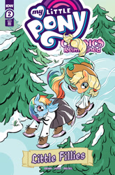 Size: 2063x3131 | Tagged: safe, derpibooru import, idw, applejack, rainbow dash, earth pony, pegasus, pony, my little pony classics reimagined: little fillies, spoiler:comic, applejack's hat, clothes, comic cover, cowboy hat, dress, hat, high res, ice, ice skates, ice skating, little women, my little pony logo, official, official comic, skates, skirt, snow, tree, winter