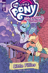 Size: 2063x3131 | Tagged: safe, derpibooru import, idw, applejack, rainbow dash, earth pony, pegasus, my little pony classics reimagined: little fillies, spoiler:comic, balcony, bow, bricks, chimney, clothes, cloud, comic, comic cover, cover art, dress, female, hat, high res, hill, house, houses, implied appledash, implied lesbian, implied shipping, leaf, moon, my little pony logo, night, official, official comic, pine tree, shoes, smoke, stars, tree