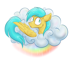 Size: 1010x839 | Tagged: safe, artist:jehr, derpibooru import, sunshower raindrops, pegasus, pony, cloud, ear fluff, ears, one ear down, rain, rainbow, simple background, solo, white background, wings