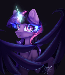 Size: 3900x4523 | Tagged: safe, artist:jsunlight, derpibooru import, midnight sparkle, twilight sparkle, alicorn, pony, equestria girls, colored, concave belly, dark background, female, glowing, glowing horn, head turn, horn, large wings, lighting, mare, partially open wings, rearing, shading, signature, slim, solo, thin, wings