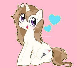 Size: 1700x1500 | Tagged: artist needed, safe, derpibooru import, oc, oc:fluffymarsh, pony, unicorn, adorasexy, brown mane, cute, female, heart, looking back, mare, open mouth, purple eyes, sexy, signature, silly, silly pony, simple background, sitting, smiling, smol