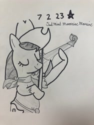 Size: 3024x4032 | Tagged: safe, artist:mlpfantealmintmoonrise, derpibooru import, fiddlesticks, earth pony, g4, apple family member, atg 2023, female, fiddle, mare, newbie artist training grounds, pen drawing, pencil drawing, raise this barn, signature, solo focus, traditional art