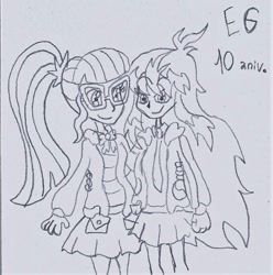 Size: 705x710 | Tagged: safe, artist:nephilim rider, derpibooru import, sci-twi, twilight sparkle, oc, oc:heaven lost, equestria girls 10th anniversary, equestria girls, duo, female, traditional art