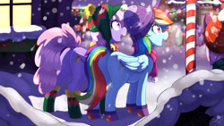 Size: 5334x3000 | Tagged: safe, artist:replica, derpibooru import, rainbow dash, rainbowshine, snowfall frost, starlight glimmer, twilight sparkle, pegasus, pony, beanie, boots, butt, clothes, dock, duo focus, female, hat, mare, open mouth, open smile, plot, rainbutt dash, rear view, scarf, shoes, smiling, snow, snowfall, socks, tail