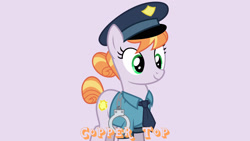 Size: 1920x1080 | Tagged: safe, artist:cheezedoodle96, derpibooru import, edit, editor:jaredking779, copper top, earth pony, pony, clothes, cuffs, female, mare, necktie, police, police officer, police pony, police uniform, purple background, shirt, simple background, solo