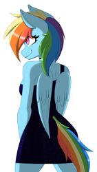 Size: 1547x2736 | Tagged: safe, alternate version, artist:melodytheartpony, derpibooru import, rainbow dash, anthro, pegasus, ass, back, black dress, breasts, butt, clothes, cute, doodle, dress, eyelashes, feathered wings, female, folded wings, hips, little black dress, looking away, multicolored mane, rainboob dash, rainbow, rear view, sideboob, signature, simple background, smiling, solo, sparkles, white background, wings