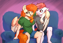 Size: 3192x2184 | Tagged: safe, artist:witchtaunter, derpibooru import, oc, oc:amity starfall, oc:deepest apologies, anthro, pegasus, arm around neck, clothes, commission, cuddling, ear fluff, ears, flirting, hug, nervous, open mouth, shirt, shorts, simple background, smiling, sofa, winghug, wings