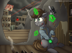 Size: 3200x2330 | Tagged: safe, alternate version, artist:luckynb, derpibooru import, oc, oc only, oc:calamity, oc:littlepip, pegasus, pony, unicorn, fallout equestria, blood, gun, handgun, little macintosh, revolver, scar, weapon