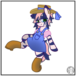 Size: 2000x2000 | Tagged: safe, artist:dice-warwick, derpibooru import, oc, oc only, oc:pecan harvester, hybrid, original species, pony, zony, boots, clothes, ear piercing, female, hat, overalls, piercing, shoes, simple background, solo, straw hat, stripes, tail, transparent background, waste pony