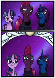 Size: 1024x1449 | Tagged: safe, artist:asinglepetal, derpibooru import, tempest shadow, twilight sparkle, twilight sparkle (alicorn), oc, oc:thunder glade, alicorn, pony, unicorn, my little pony: the movie, armor, canterlot, comic, commission comic, commission comic:palomino-rick, commissioner:palomino-rick, furaffinity, horn, mount aris, night, night sky, sky, stars, trio, unicorn oc