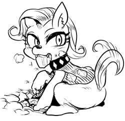 Size: 736x713 | Tagged: safe, artist:nekubi, derpibooru import, oc, diamond dog, hybrid, pony, unicorn, black and white, butt, canon x oc, digging, explicit source, grayscale, interspecies offspring, monochrome, mouth hold, not rarity, offspring, parent:rarity, paws, plot, simple background, sitting, solo, tail, tail wag, white background