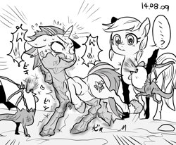 Size: 961x790 | Tagged: safe, artist:nekubi, derpibooru import, jinx, oc, cockatrice, earth pony, pony, unicorn, :t, duo, female, grayscale, japanese, legends of equestria, mare, monochrome, petrification, simple background, speech bubble, sweat, white background