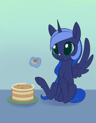 Size: 1620x2070 | Tagged: safe, artist:dusthiel, derpibooru import, princess luna, alicorn, pony, atg 2023, cake, cookie, cookie cake, cute, female, food, frog (hoof), happy, ice cream, ice cream cake, lunabetes, magic, newbie artist training grounds, nom, sitting, smiling, solo, underhoof