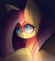 Size: 2150x2400 | Tagged: safe, artist:miryelis, derpibooru import, fluttershy, pegasus, pony, big ears, ears, female, heart, heart eyes, high res, light, long hair, looking at you, mare, serious, signature, solo, spread wings, wingding eyes, wings