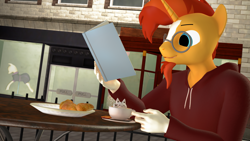 Size: 1920x1080 | Tagged: safe, artist:rexyvexi, derpibooru import, sunburst, anthro, unicorn, 3d, book, bread, coffee, croissant, food, glasses, source filmmaker