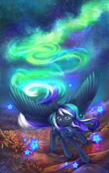 Size: 2163x3446 | Tagged: safe, artist:youthful_road, derpibooru import, oc, oc only, oc:flaming dune, pegasus, berry, commission, eyeshadow, female, food, full body, grass, green eyes, looking at something, makeup, mare, multicolored mane, multicolored tail, night, night sky, pegasus oc, running, scenery, shooting star, sky, sky background, solo, spread wings, stars, tail, wallpaper, wings