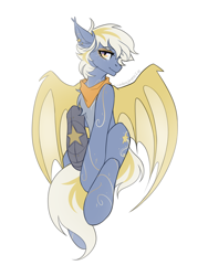 Size: 3000x4000 | Tagged: safe, artist:chamommile, derpibooru import, oc, oc only, oc:korziera, demon, demon pony, pegasus, amputee, blue skin, chest fluff, commission, demon wings, ear fluff, ear piercing, ears, ears up, female, full body, golden eyes, looking at you, pegasus oc, piercing, prosthetic leg, prosthetic limb, prosthetics, simple background, sketch, solo, white background, wings, yellow hair