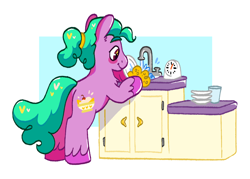 Size: 1280x914 | Tagged: safe, artist:msponies, derpibooru import, earth pony, pony, banana surprise, male, neurodivergent, neurodivergent headcanon, ponytail, solo, timer, trans male, transgender, transmasculine, washing