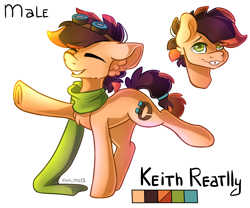 Size: 2190x1824 | Tagged: safe, artist:yuris, derpibooru import, oc, oc:keith reatlly, earth pony, pony, clothes, ears up, eyes closed, frog (hoof), goggles, male, reference, scarf, simple background, smiling, solo, underhoof, white background