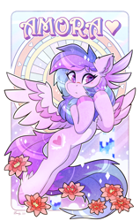 Size: 2232x3500 | Tagged: safe, artist:dandy, derpibooru import, oc, oc only, oc:amora jayflight, pegasus, pony, abstract background, artfight, blushing, ear fluff, ears, eyeshadow, female, flower, flying, heart, high res, lily (flower), looking at you, makeup, modern art, nouveau, pale belly, pegasus oc, scar, shiny mane, solo, text, water, waterfall