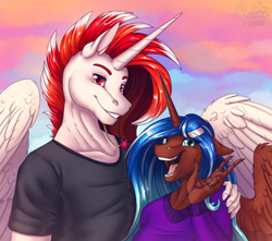 Size: 1600x1414 | Tagged: safe, artist:sunny way, derpibooru import, alicorn, anthro, pony, bust, commission, cute, digital art, evening, female, finished commission, friends, happy, horn, hug, male, mare, my little pony, open mouth, portrait, smiling, stallion, sunset, wings