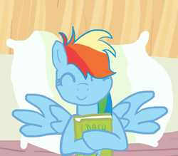 Size: 2031x1777 | Tagged: safe, artist:wissle, derpibooru import, rainbow dash, pegasus, pony, read it and weep, atg 2023, bed, book, cute, dashabetes, eyes closed, female, happy, hug, lying down, mare, newbie artist training grounds, pillow, reading, reading rainbow, smiling, solo