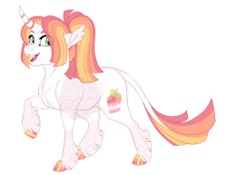 Size: 3500x2700 | Tagged: safe, artist:gigason, derpibooru import, oc, oc only, oc:sunrise sherbet, pony, unicorn, fangs, female, leonine tail, looking at you, magical lesbian spawn, mare, obtrusive watermark, offspring, open mouth, open smile, parent:fire flare, parent:oc:pineberry, parents:canon x oc, simple background, smiling, smiling at you, solo, tail, transparent background, watermark